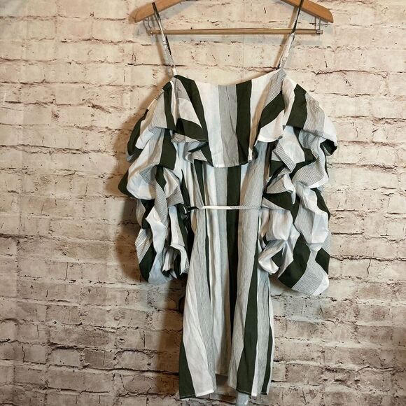 Hot & Delicious Dress Womens Medium Green Striped Ruffle Balloon Sleeve Boho - Picture 3 of 13